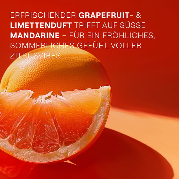 Grapefruit ganz und Schnitz. Erfrischender Grapefruit- & Limettenduft trifft auf süsse Mandarine - für ein fröhliches, sommerliches Gefühl voller Zitrusvibes.